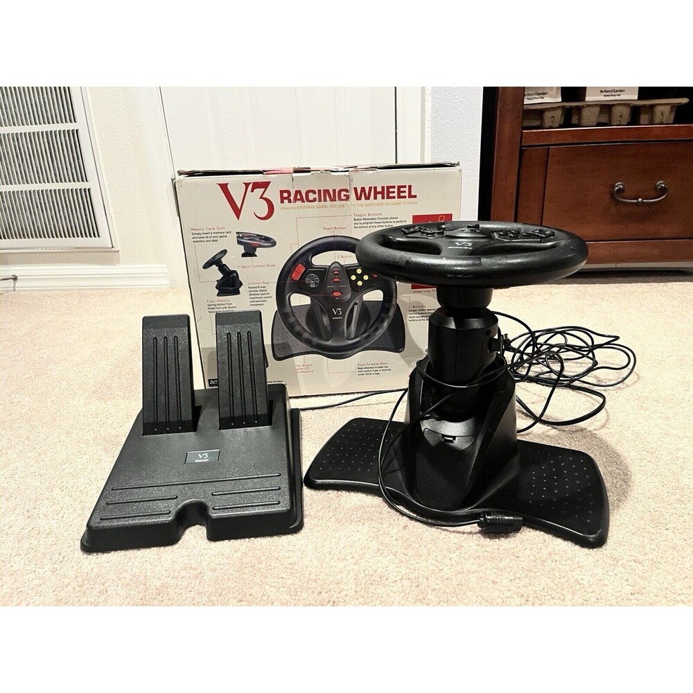 V3 DRIVING STEERING WHEEL CONTROLLER W/ GAS BRAKE PEDALS FOR N64 NINTENDO 64